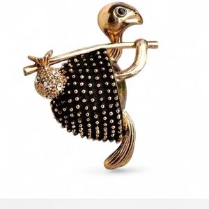 Gold-tone Turtle Brooch with Black Studded Wing and Rhinestone Accent